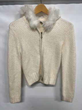 Vintage Y2K Angora Rabbit Wool Full Zip Faux Fur Hooded Jacket Fitted Women’s M